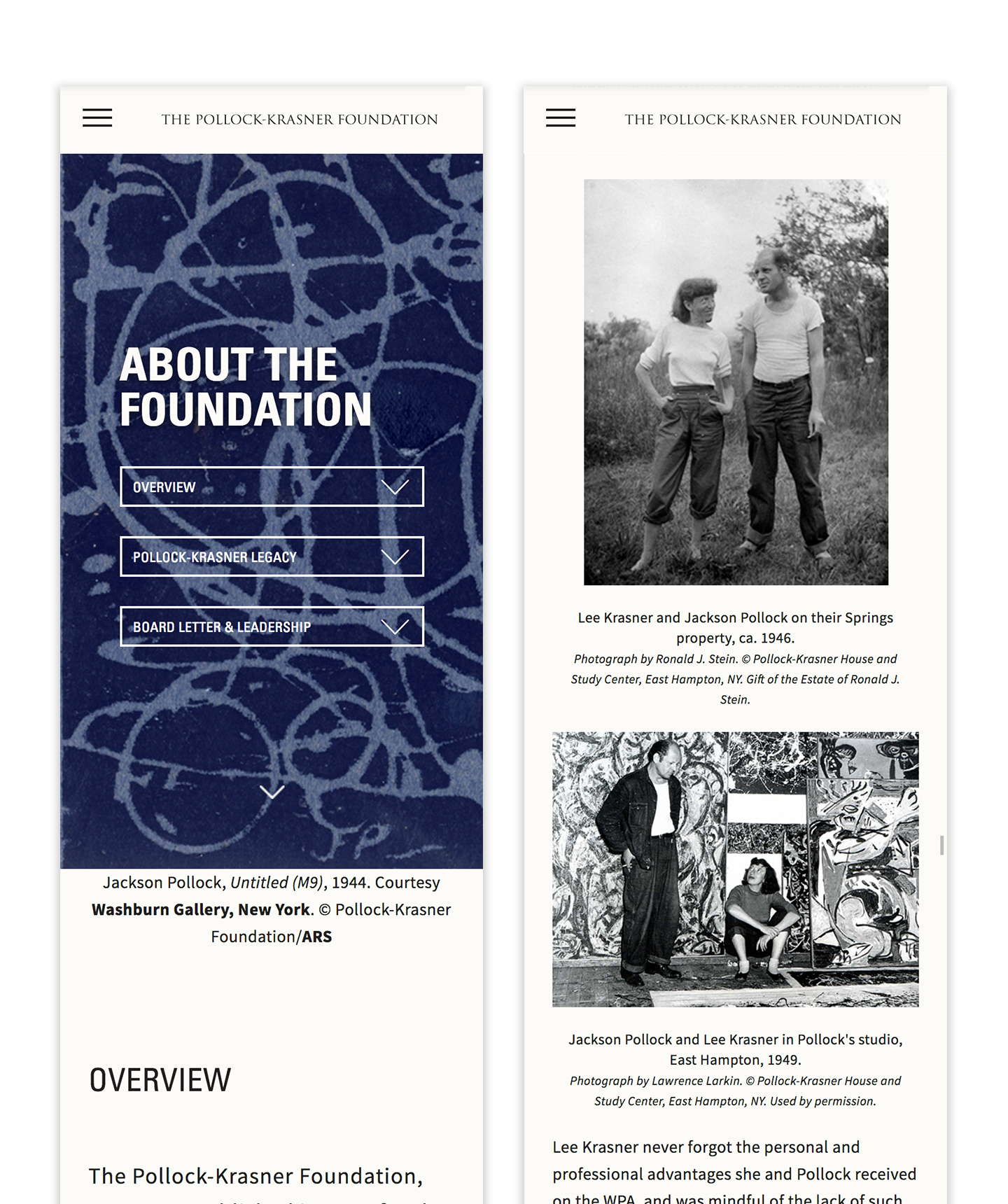 2 responsive mobile page designs: the landing experience for the About page and a set of photographs of Lee Krasner and Jackson Pollock