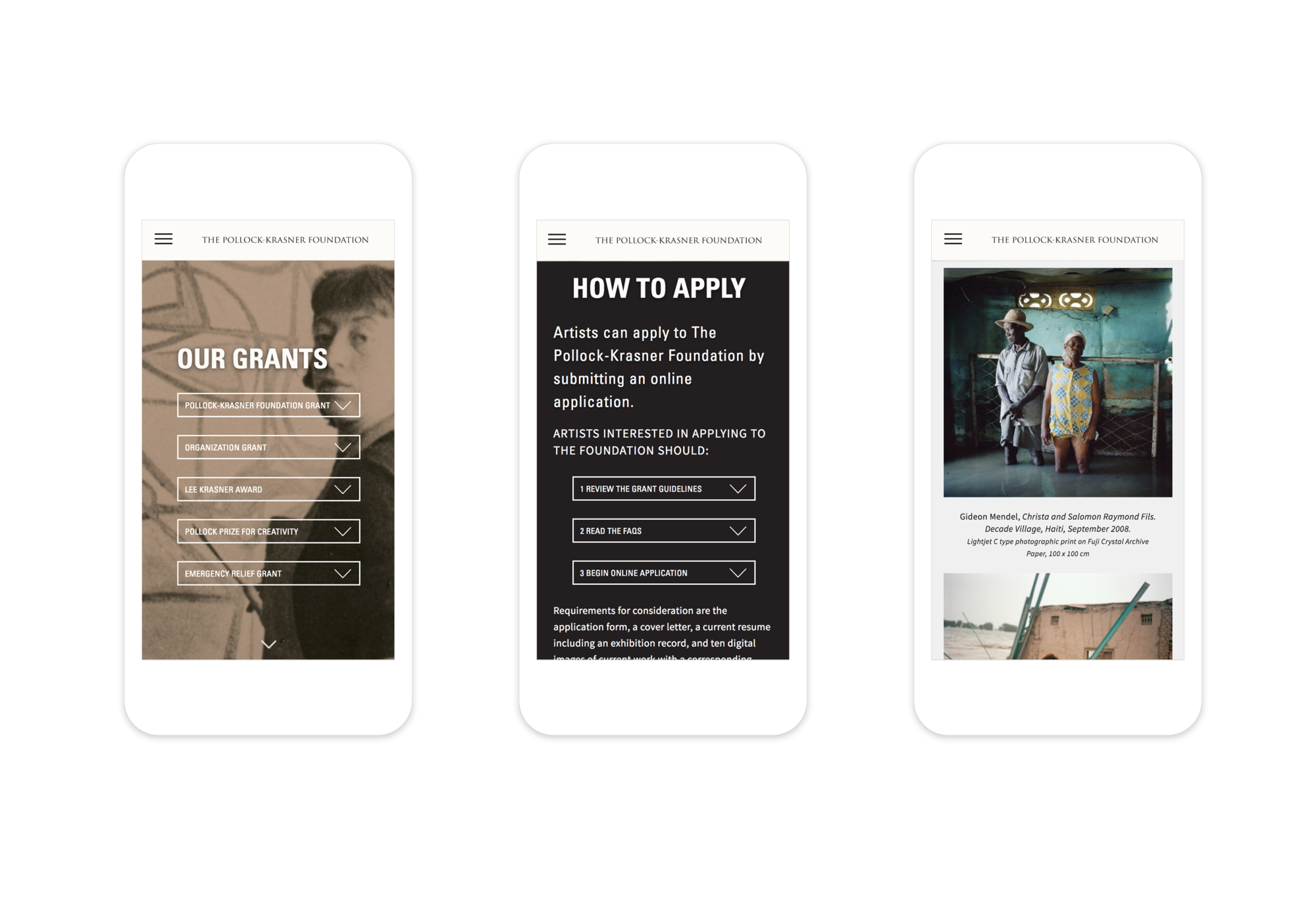 3 responsive mobile webpages: the Our Grants page, the How to Apply page, and a page featuring work from current grant recipients