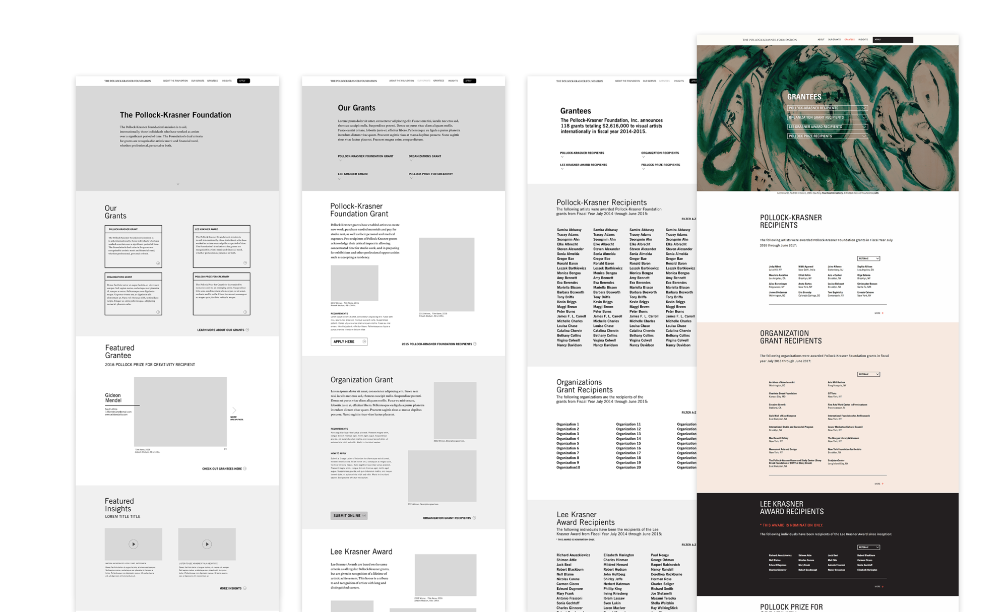 Wireframes and final page design to show translation of user-experience and visual design. Wireframes include the Homepage, Our Grants page, and the Grantees list