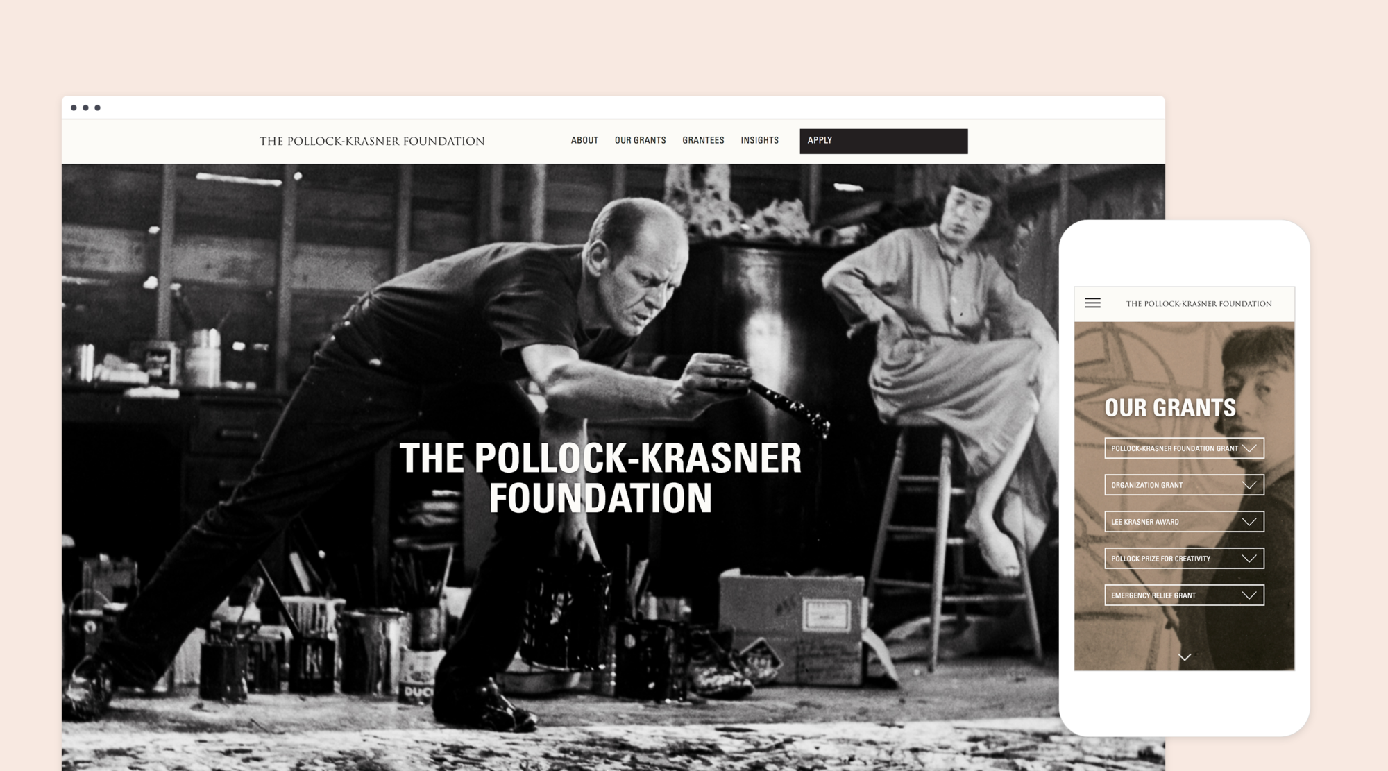 Mock up of responsive desktop and mobile design for the Pollock-Krasner Foundation's website redesign