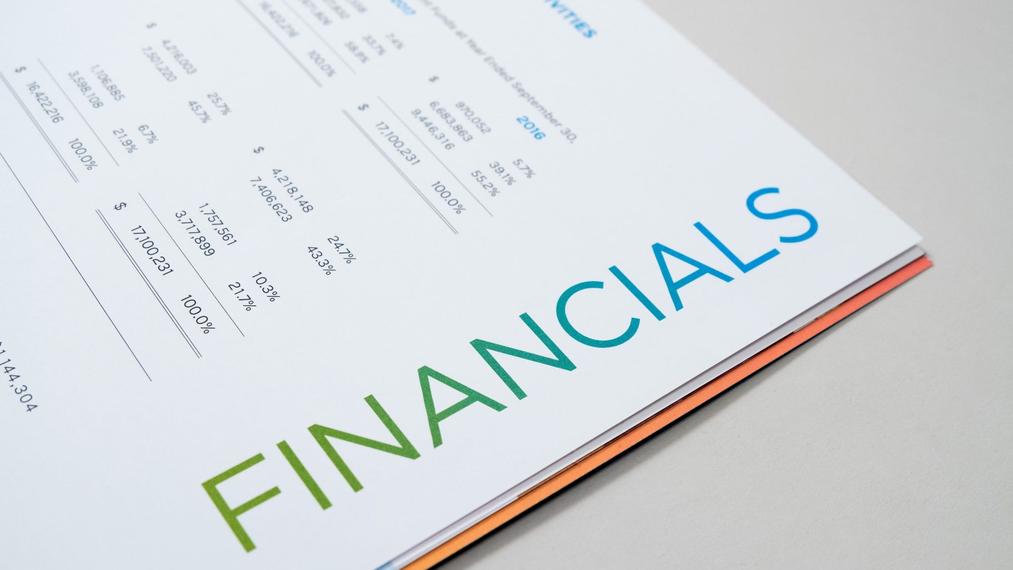 Type design on Financials headline using the same green to blue gradient that is on the report's cover