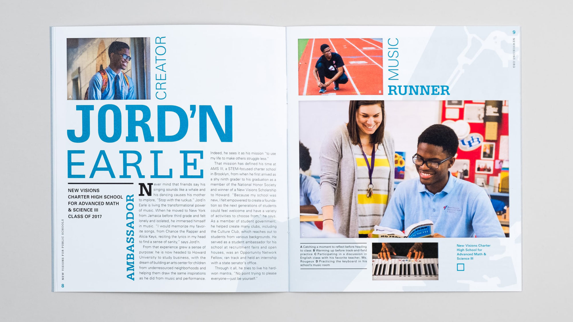 Full spread of student profile for Jord'n Earle with word collage, photography, and custom type treatments