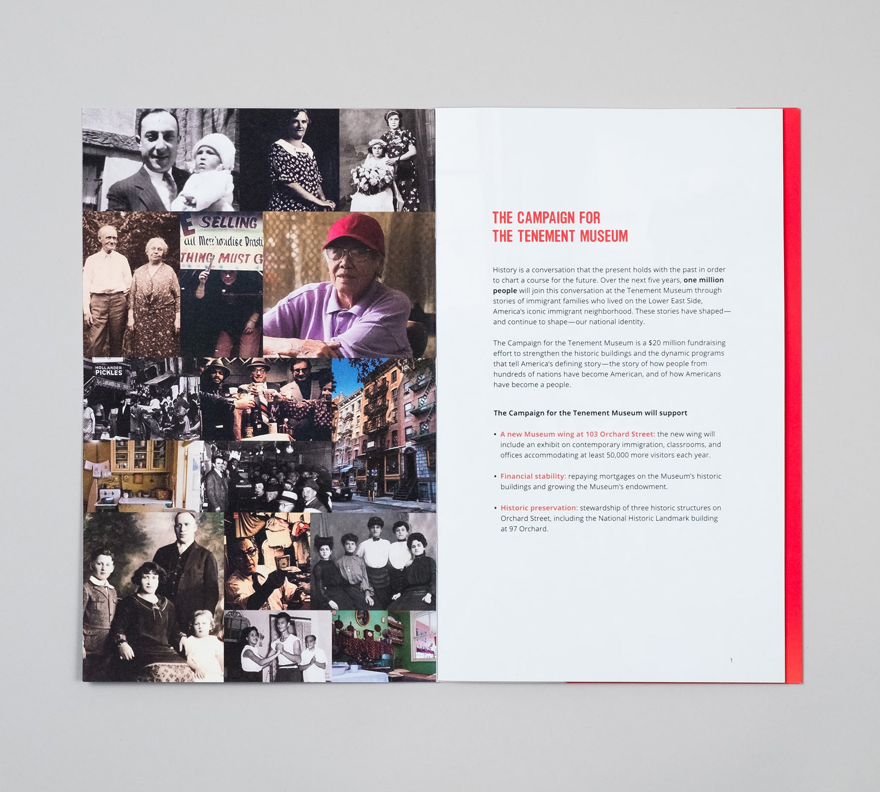 Interior spread of fundraising campaign case statement with photo collage of past tenement residents