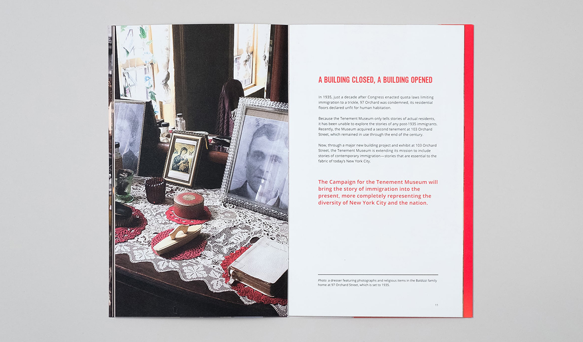 Interior spread with a photograph of a recreated tenement resident's dresser