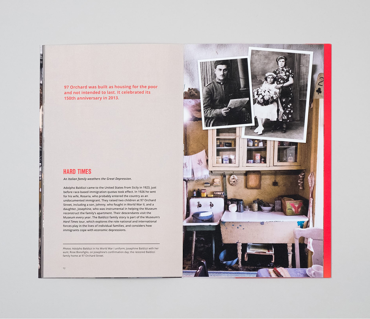 Interior spread with a photograph of a tenement resident's kitchen and details on the Hard Times tour