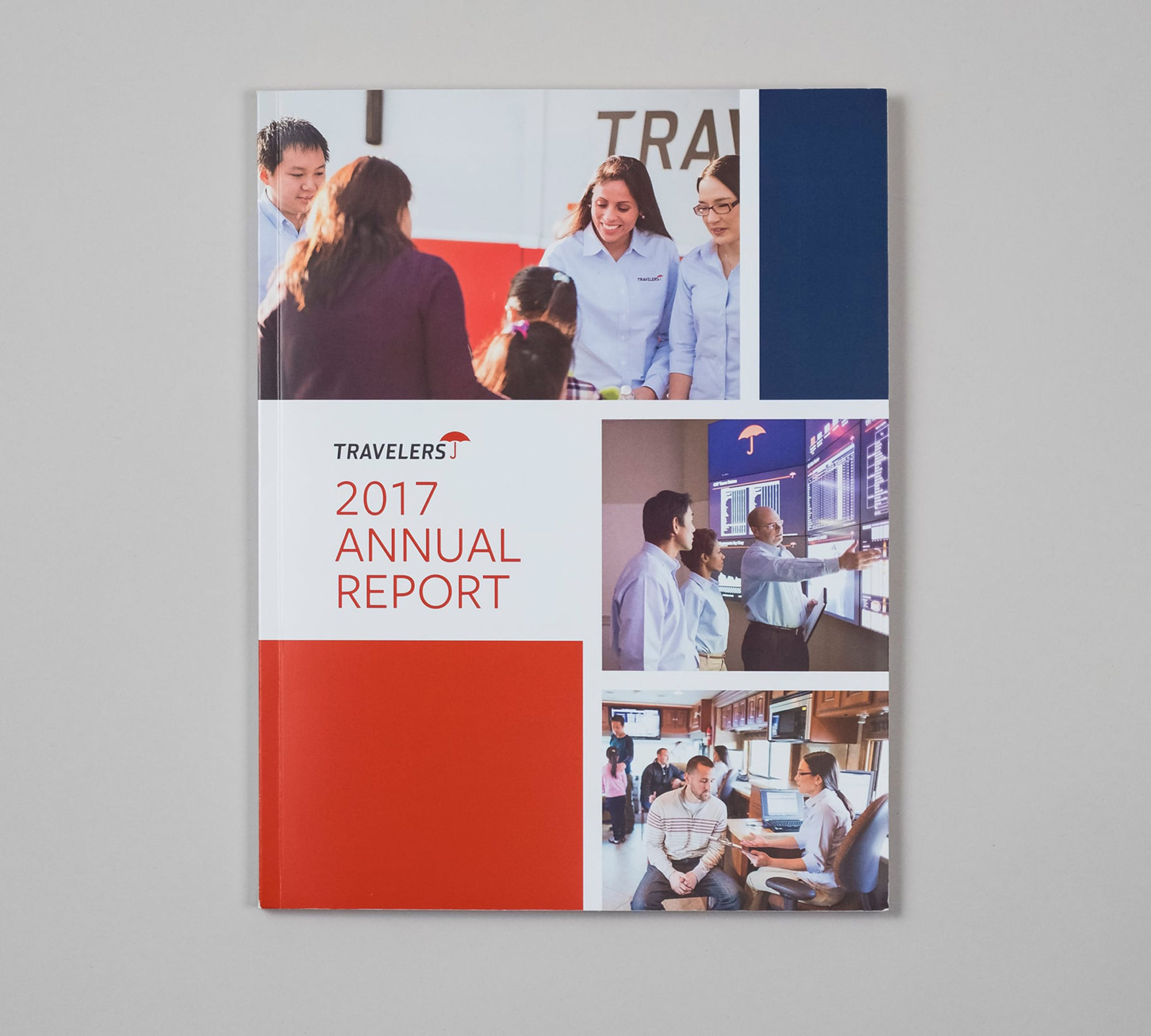 Front cover design for Travelers' annual report with photographs of insurance assessors in action