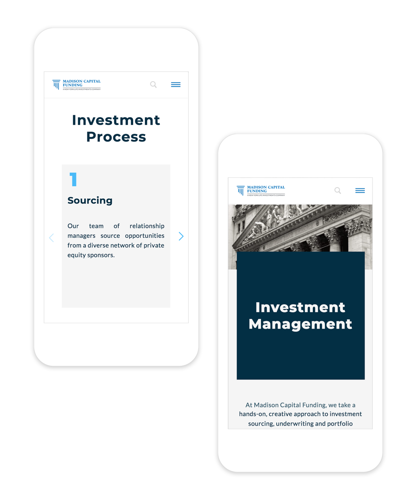 2 responsive mobile webpages detailing Madison Capital Funding's investment process and philosophy