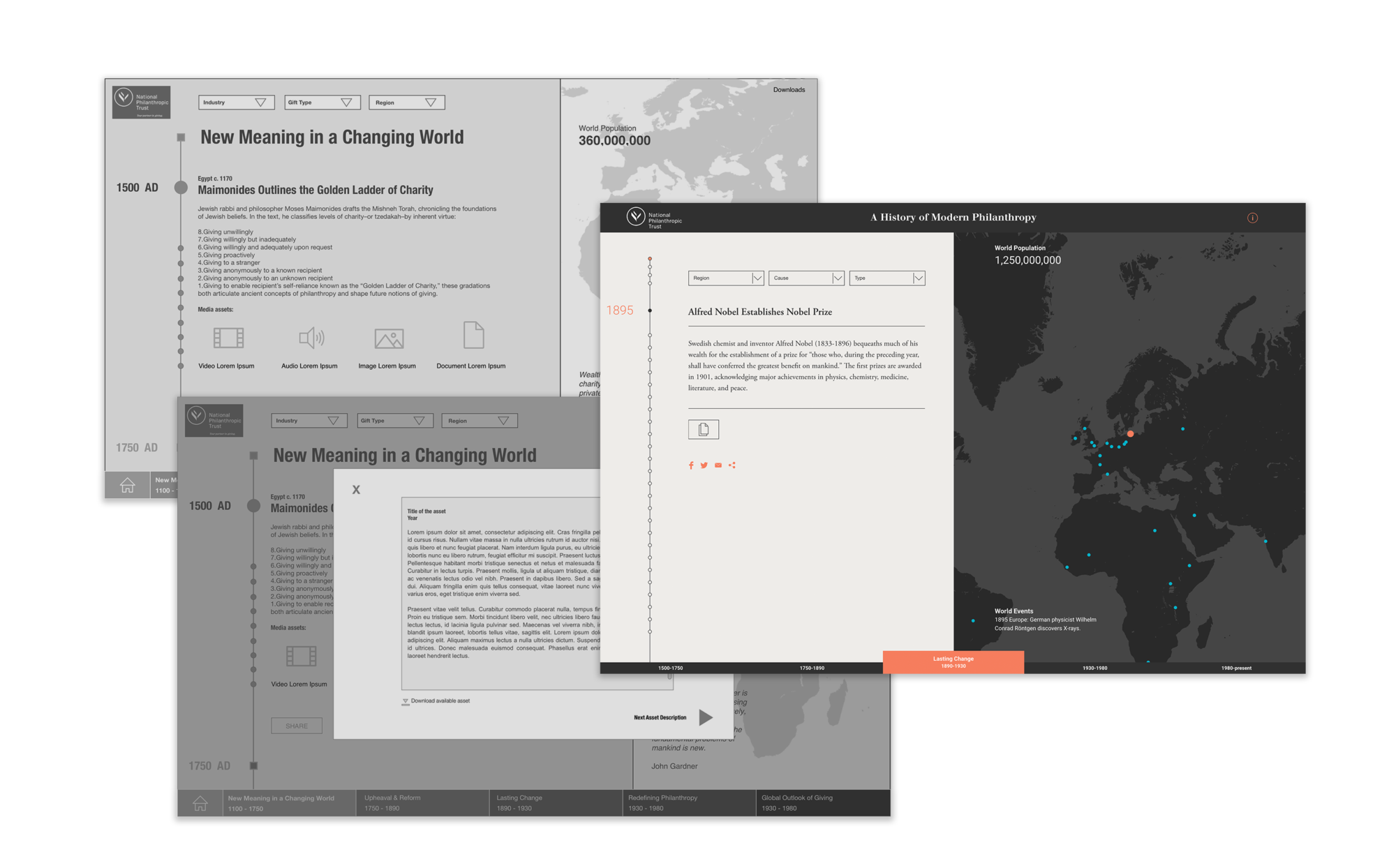 Wireframes and final page design to show translation of user-experience design to visual design for the microsite's interactive map