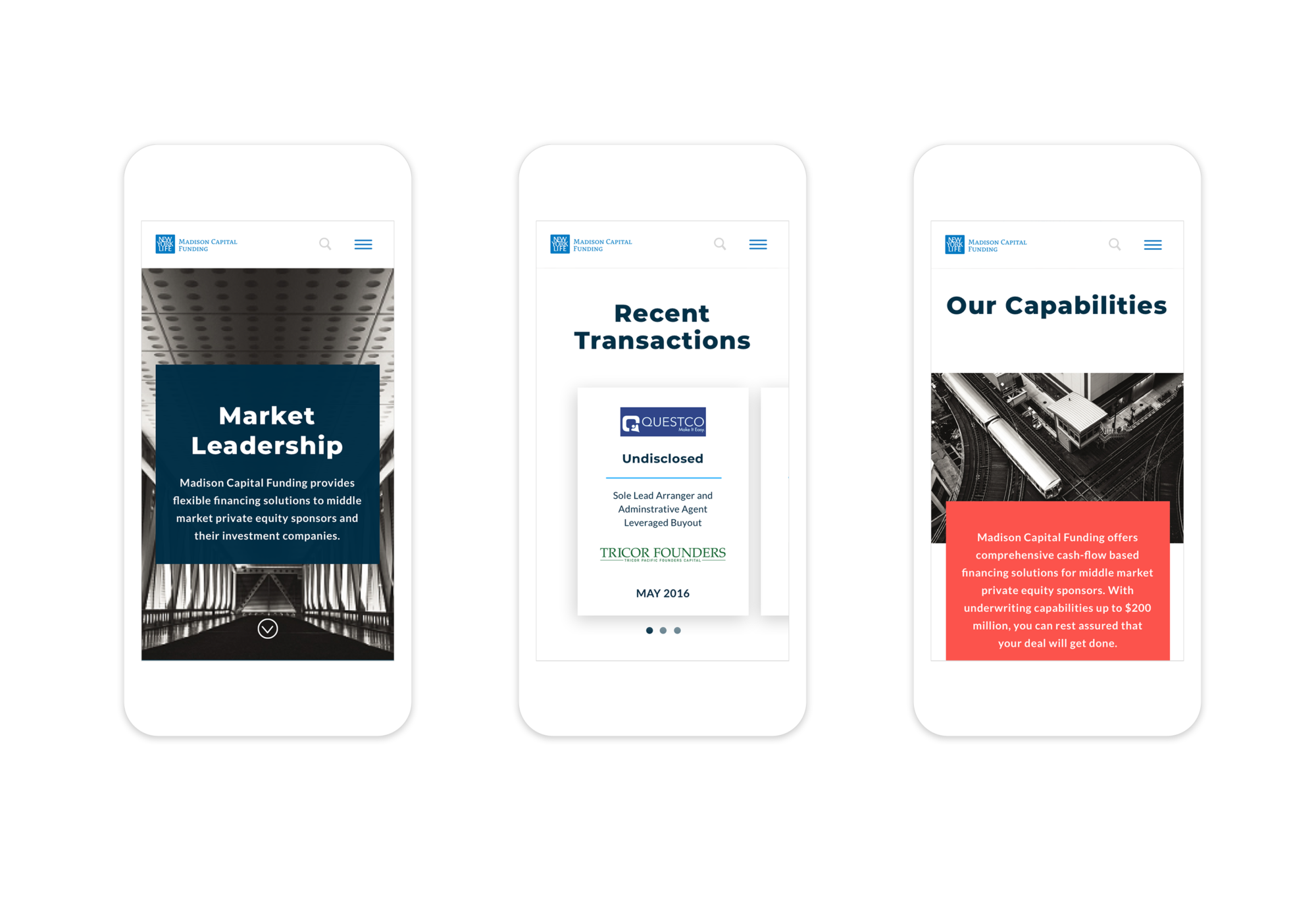 3 responsive mobile webpages: Homepage, Transactions page, and Capabilities page