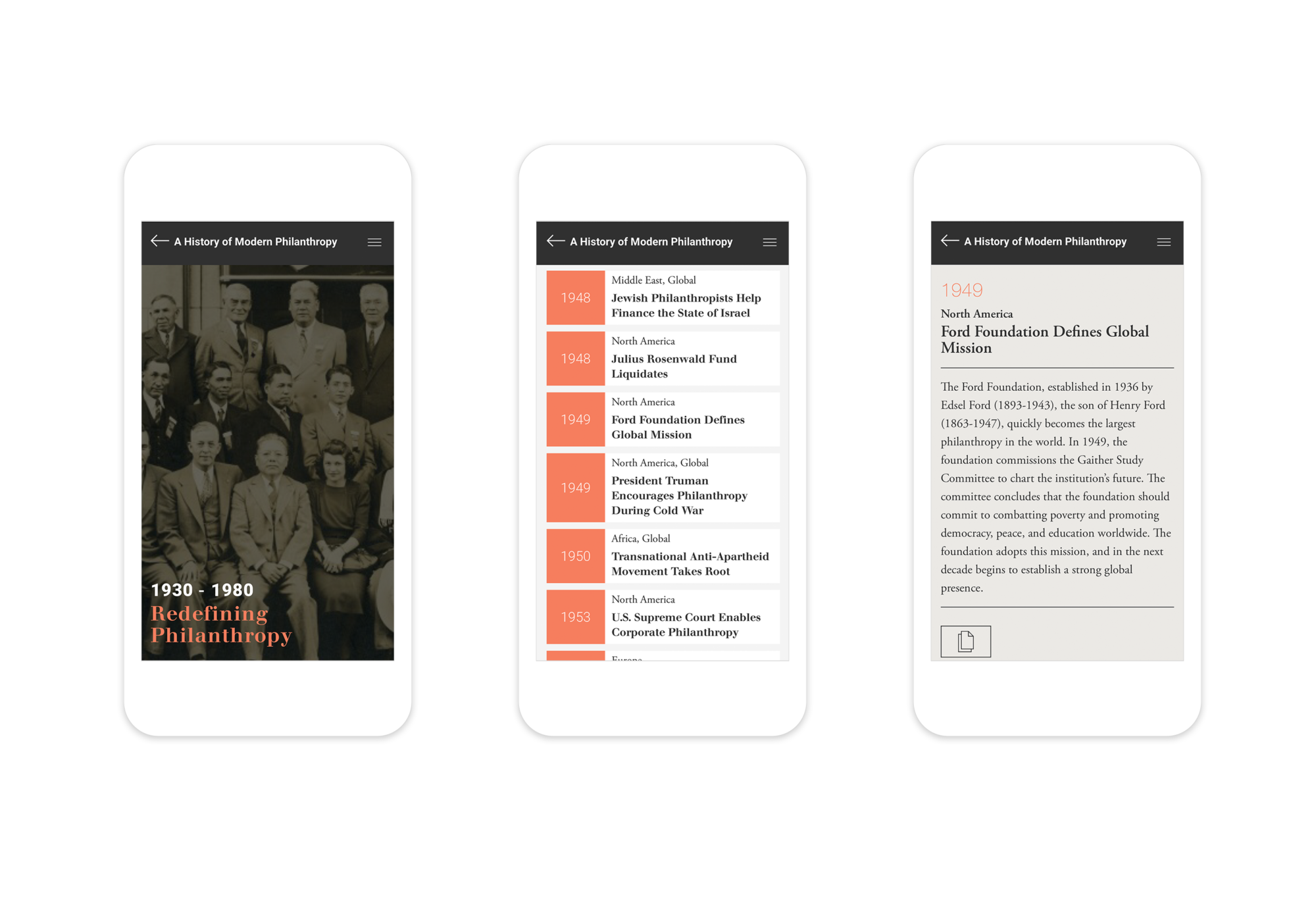 3 responsive mobile page designs: intro to the Modern Philanthropy era (1930-1980), interactive timeline, and a detailed timeline entry