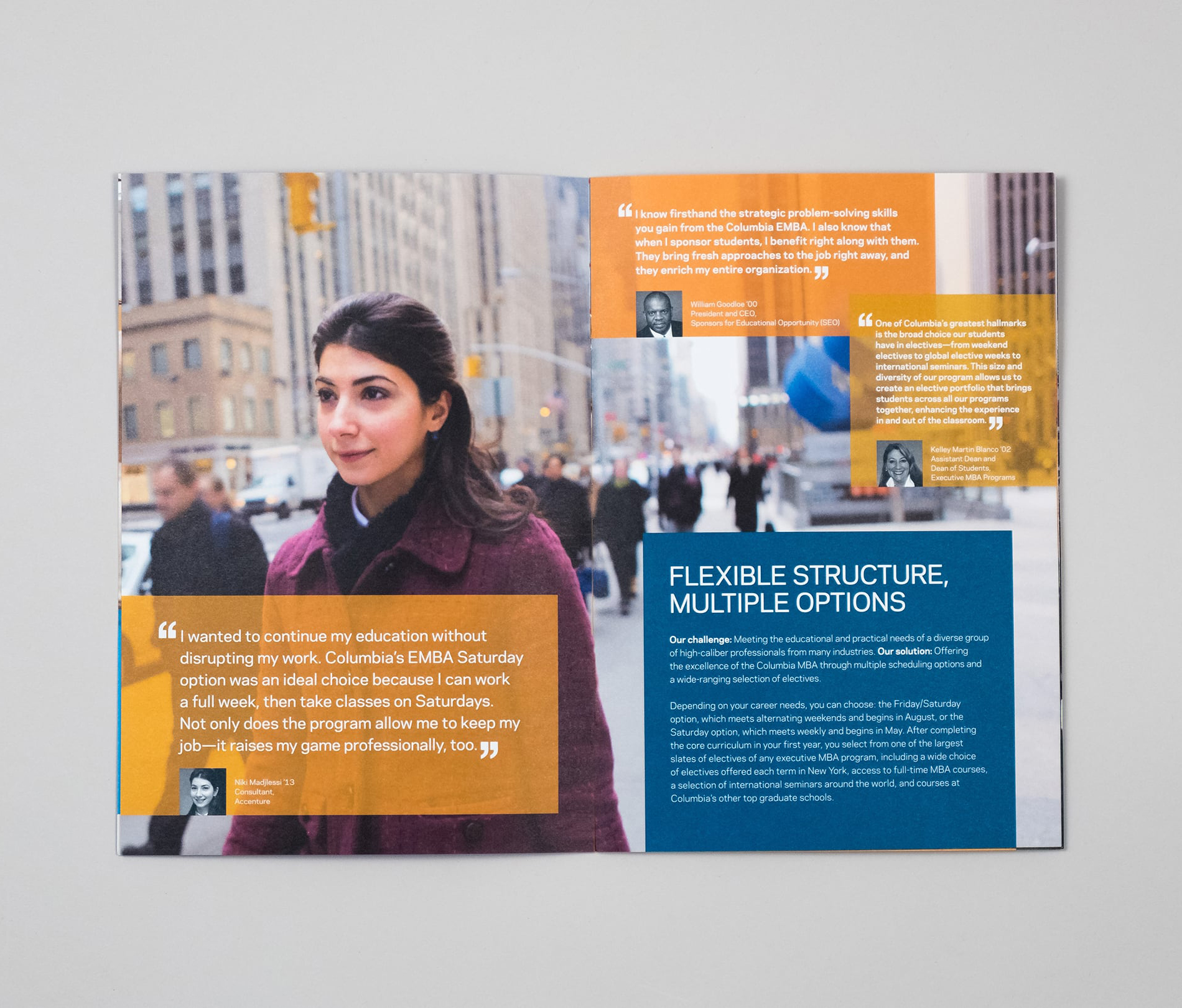 Interior spread with full-page image of former student walking on the street in New York City with various testimonials from other students