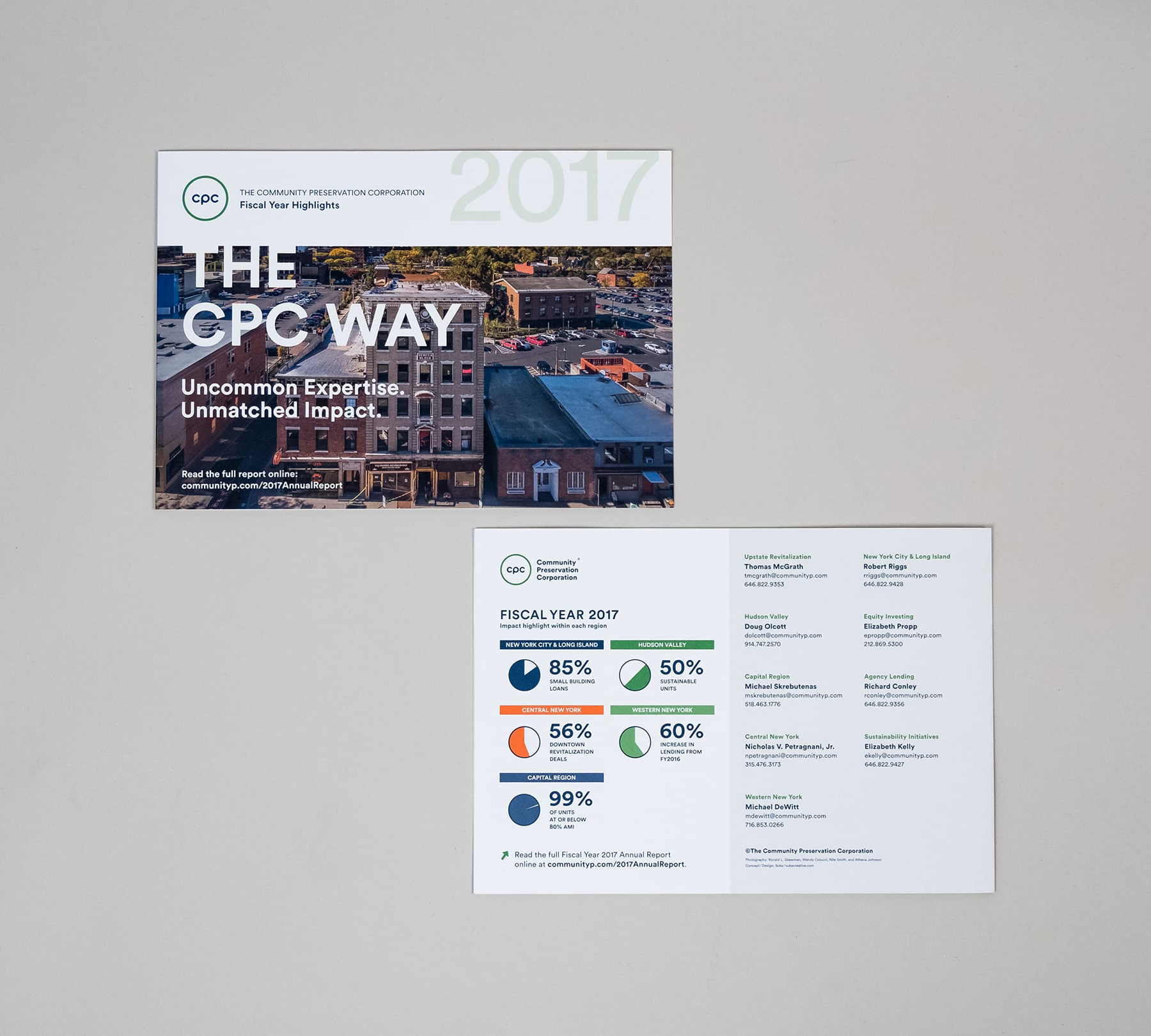 Front cover for the annual report printed teaser with a photograph of a CPC property and back cover with contact information and 2017 financial highlights