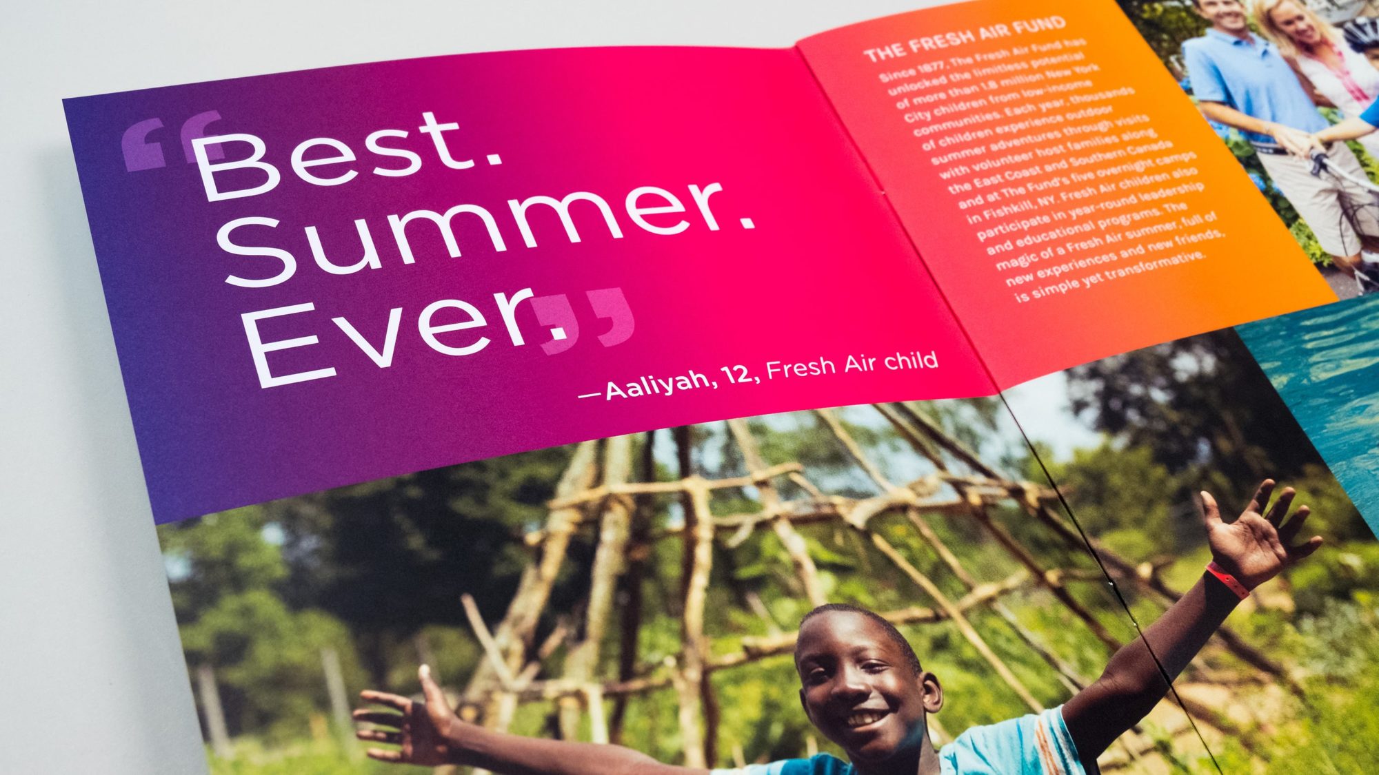 Opening spread with bright purple to orange gradient and a quote from a recent Fresh Air Fund participant, Aaliyah, age 12: "Best. Summer. Ever."