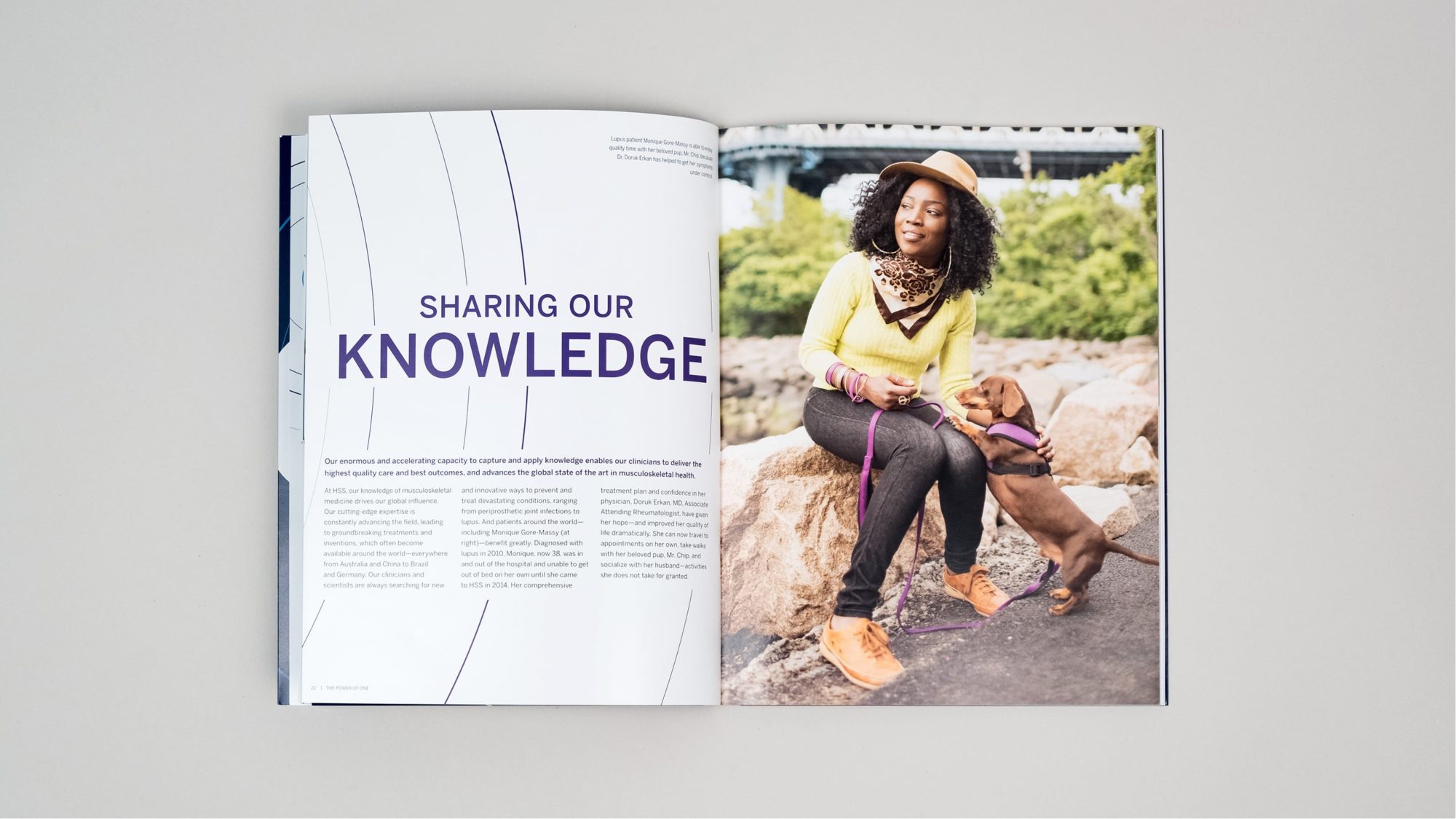 Opening spread for Sharing Our Knowledge section showcasing rich photography of a recovered patient with her dog in Brooklyn Bridge Park