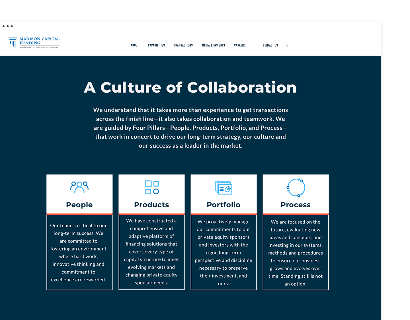 Desktop design of page on corporate culture with custom iconography to represent the company's values