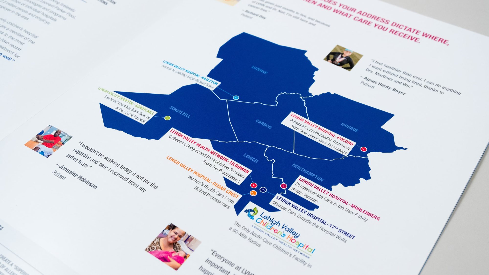 Illustrated map showcasing the locations of hospitals in the network and testimonials from satisfied patients