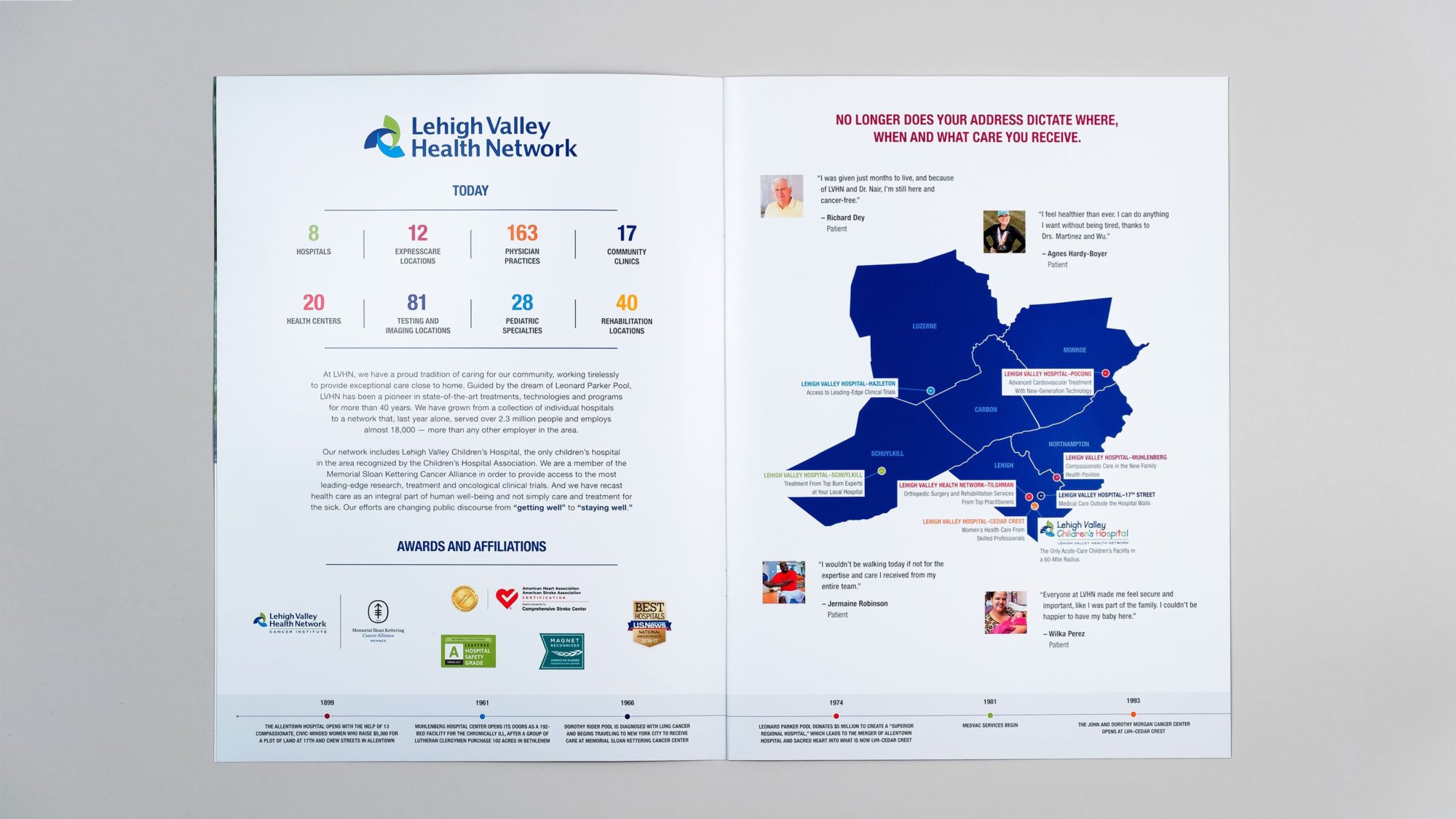 Interior spread showing infographic with stats on the network and a map of hospital locations