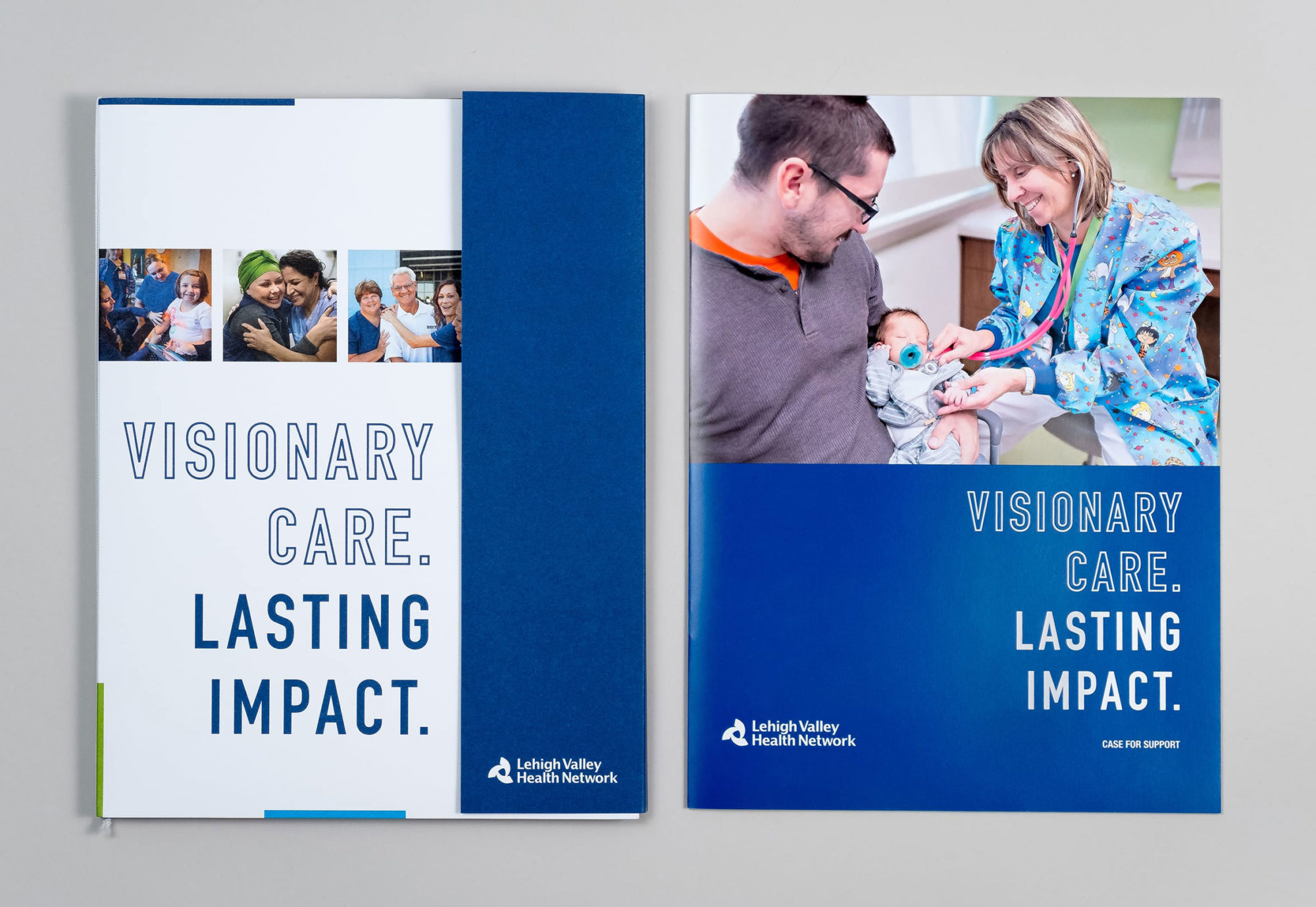 Cover design for fundraising campaign's custom folder as well as case statement, both showing patient photography and the campaign title "Visionary Care. Lasting Impact."