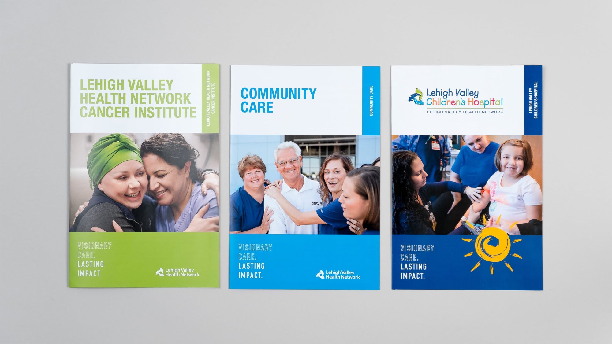 Covers for three tri-fold brochure priority pieces: LVHN's Cancer Institute, Community Care, and the Lehigh Valley Children's Hospital