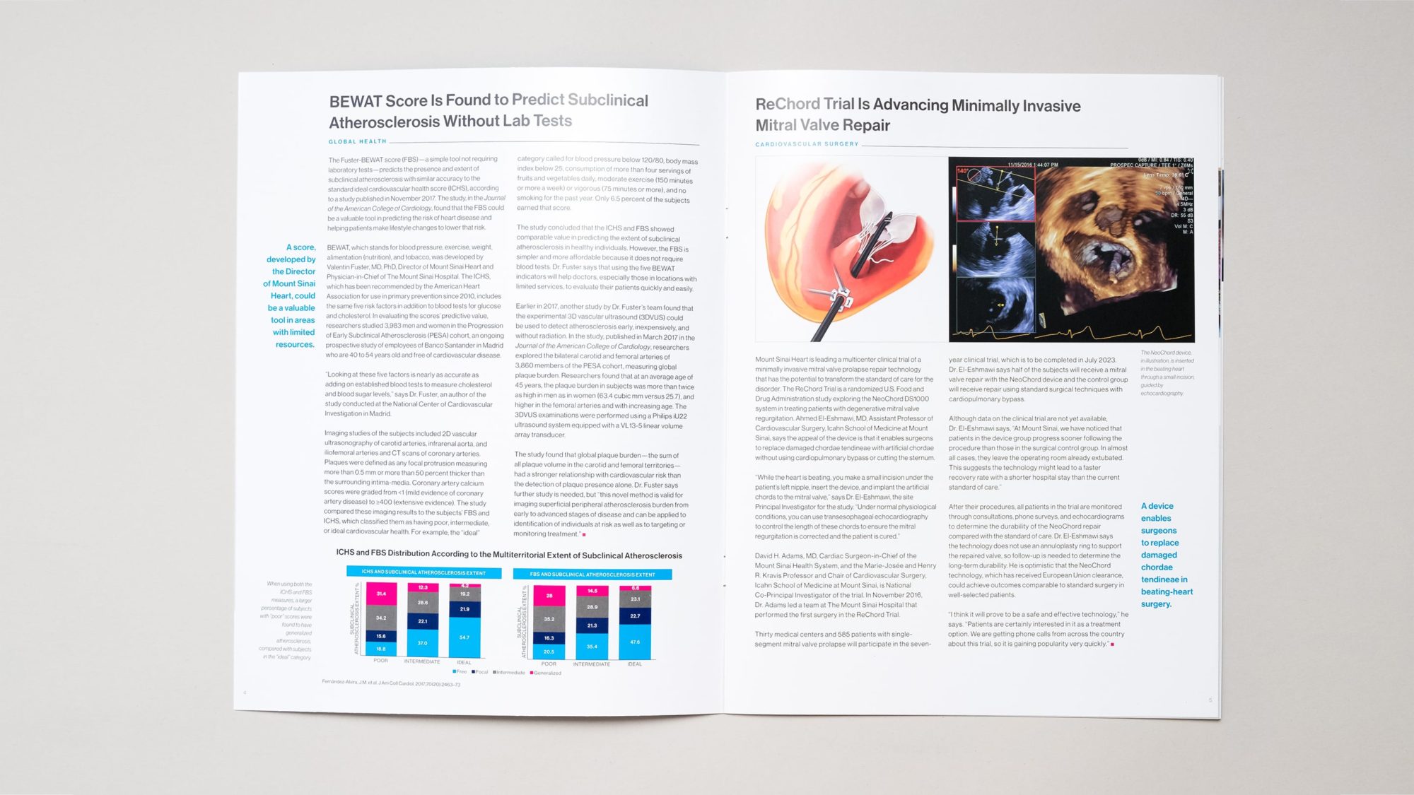 Interior spread of Mount Sinai Heart report with two articles, one showing a bar chart and the other showing medical scans