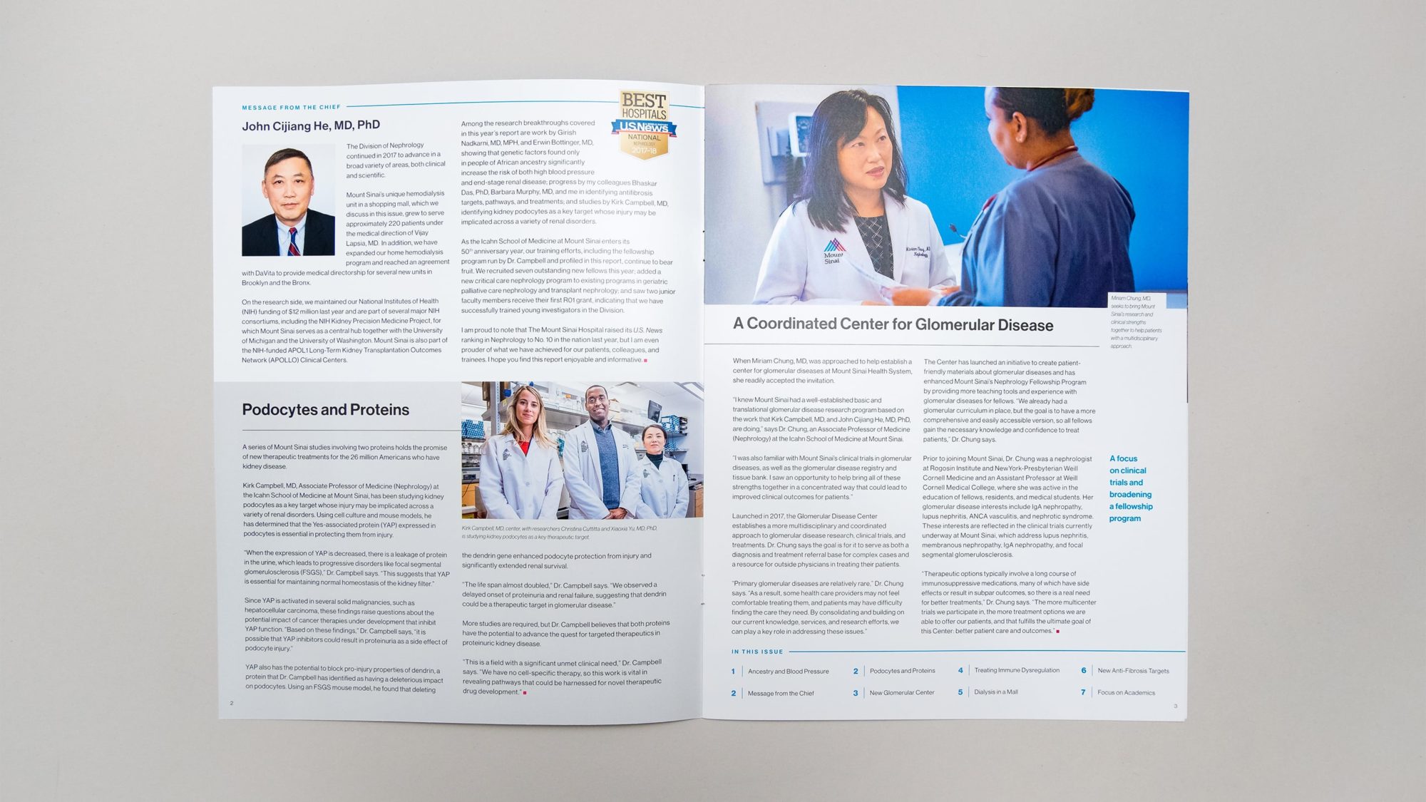 Opening spread from Division of Nephrology report showing an example of our flexible template. Rich photography supplements articles on advancements at the hospital.