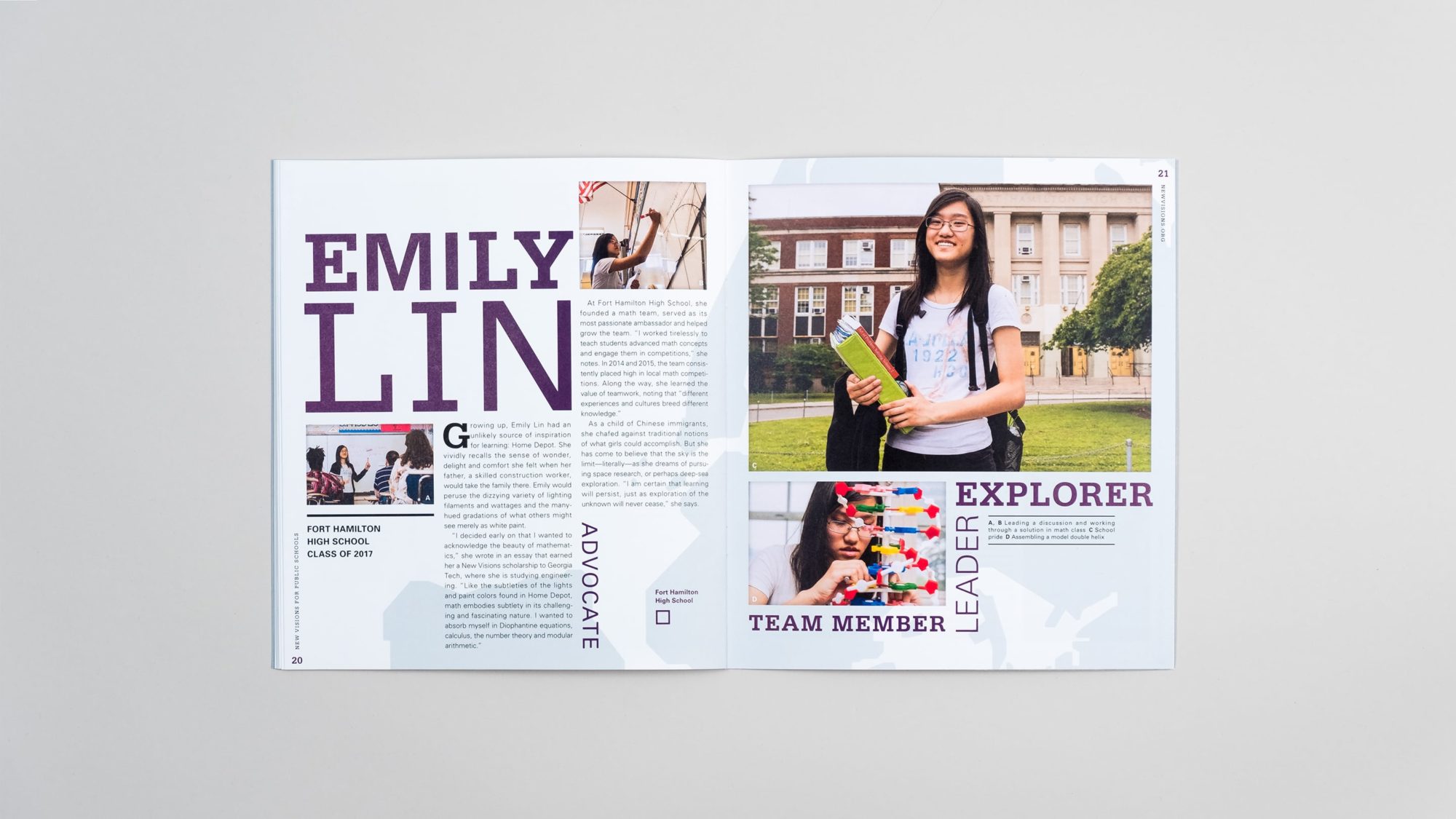 Full spread of student profile for Emily Lin with word collage, photography, and custom type treatments