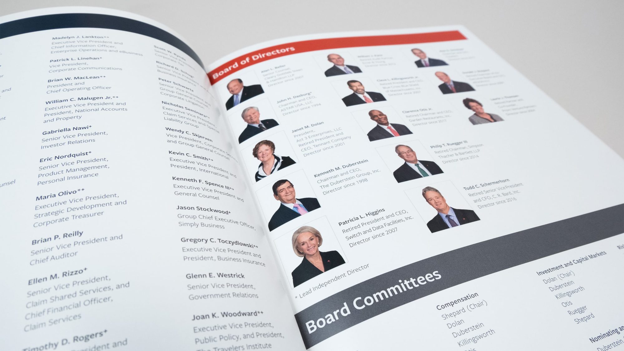 Page showing Travelers' Board of Directors with headshots, names, and titles