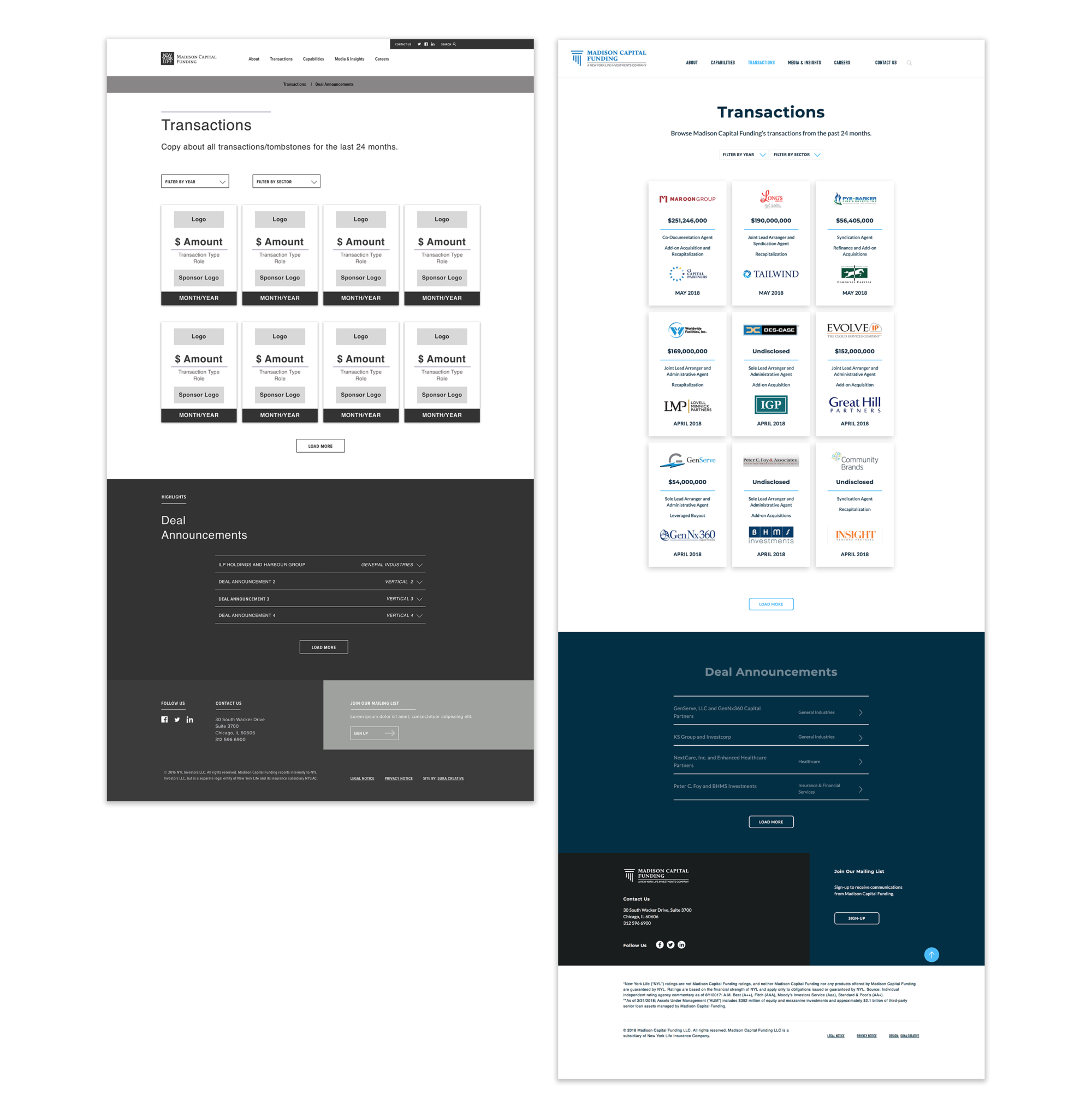 Wireframe and final page design to show translation of user-experience design to visual design for interactive Transactions page