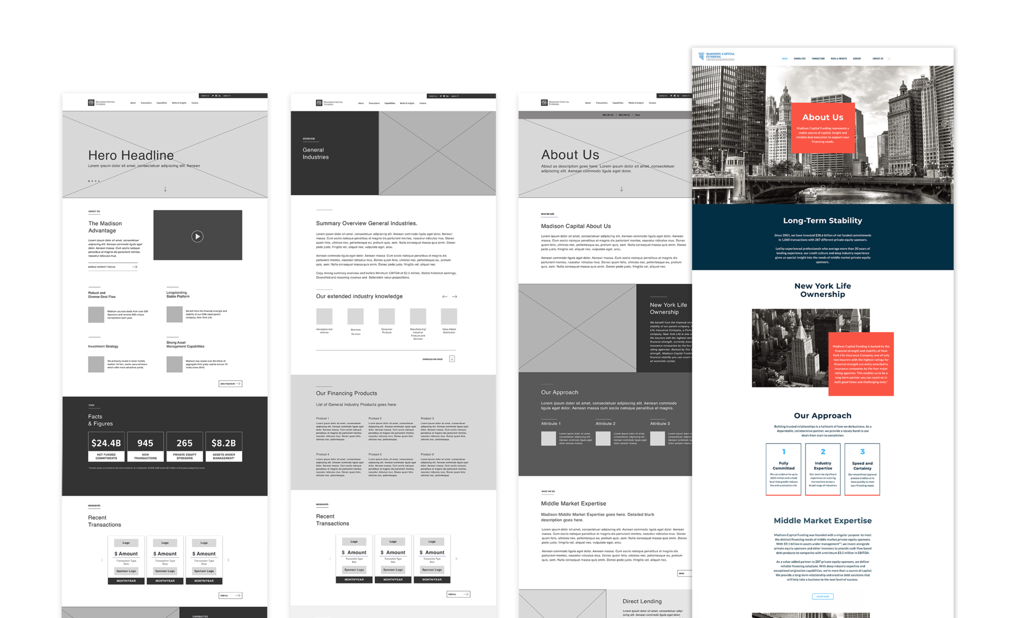 Wireframes and final page design to show translation of user-experience and visual design. Wireframes include the Homepage, Industries page, and the About page.