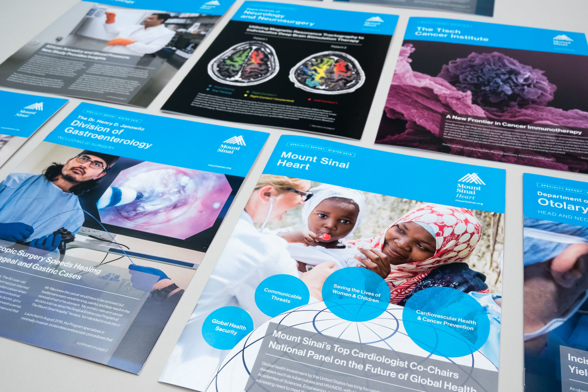 Full set of covers designed for Mount Sinai's 2018 specialty reports, highlighting the cover of the Mount Sinai Heart report