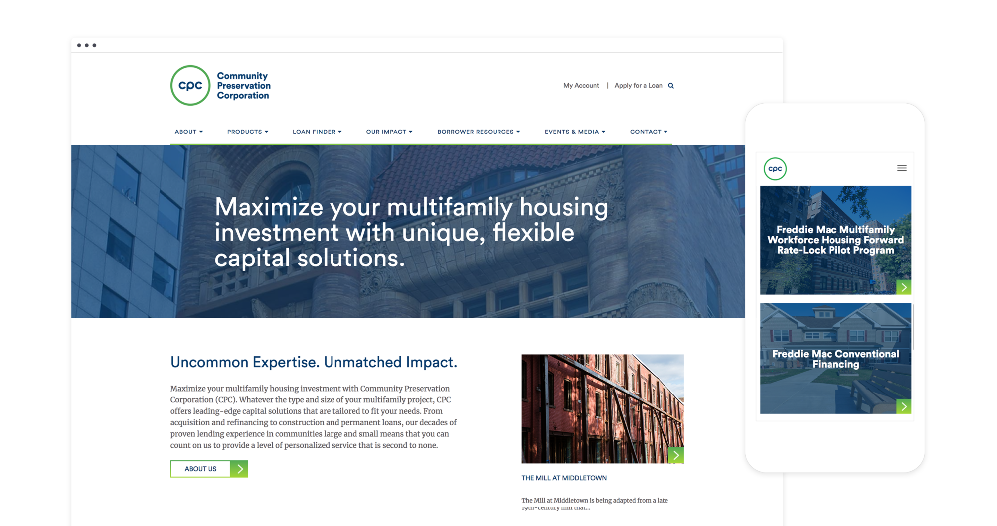 Mock up of responsive desktop and mobile design for CPC's new corporate website