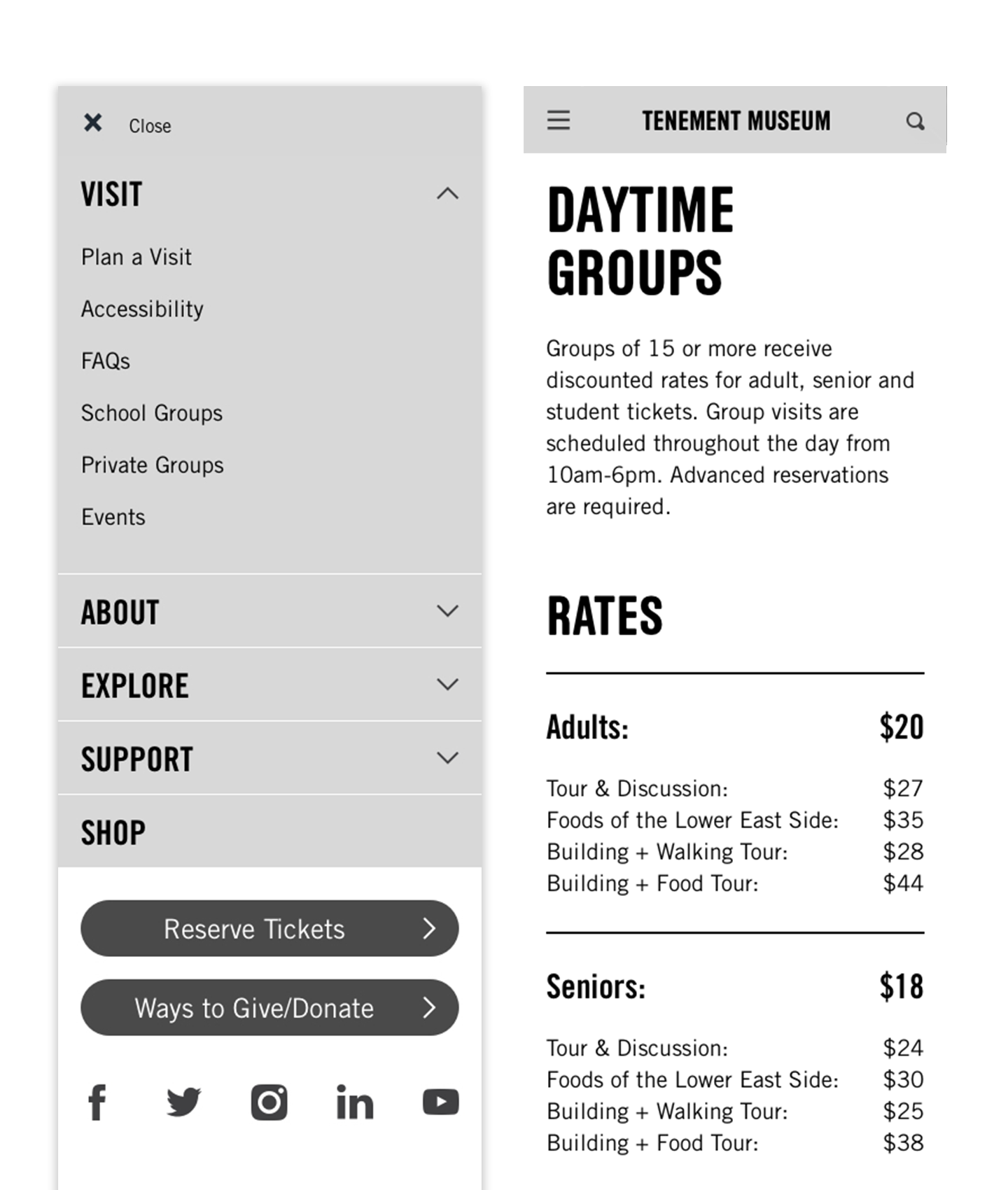 Wireframes for mobile navigation and information for group visits.