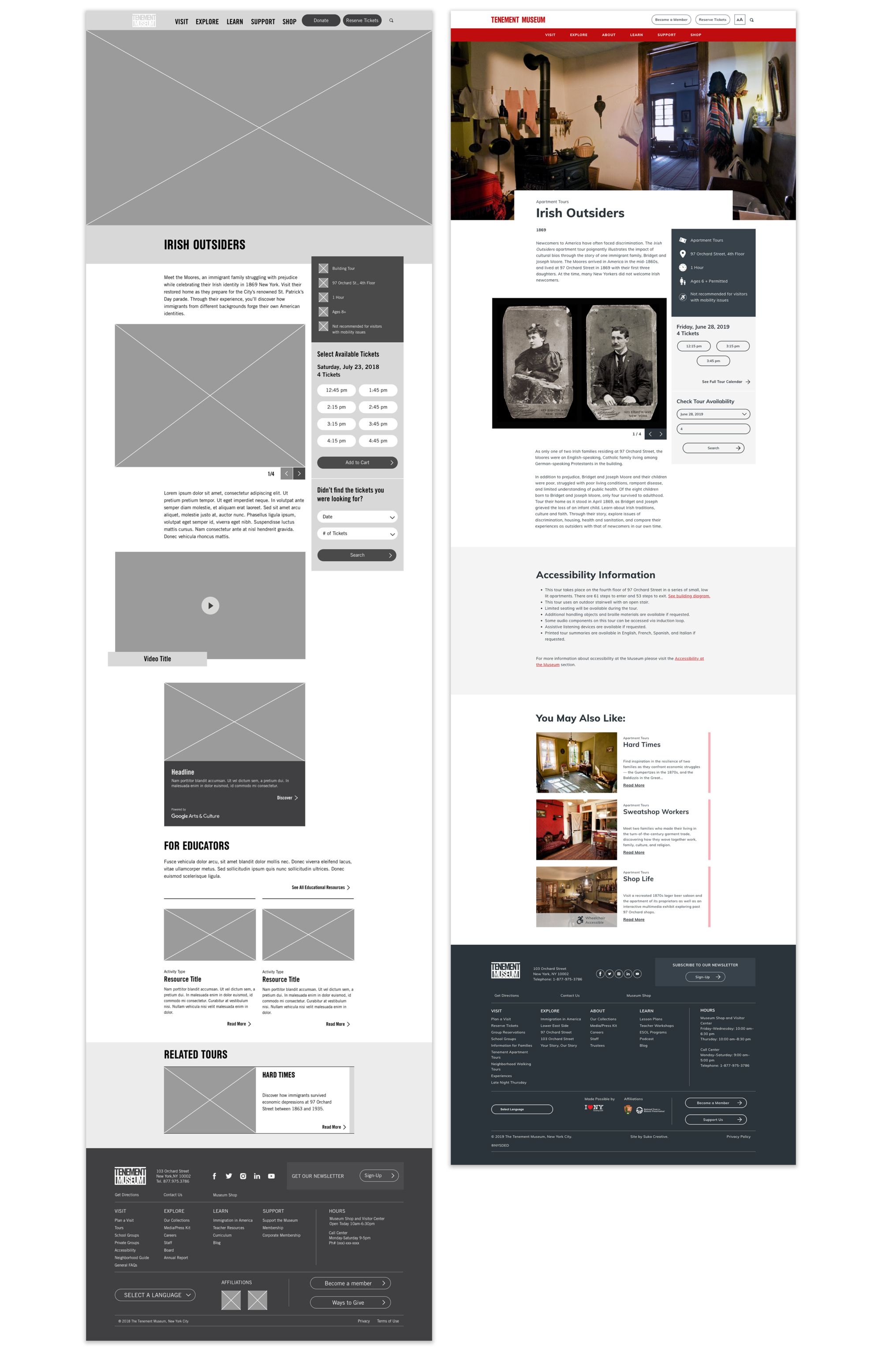 Comparison between wireframe and visual design for one of the Tenement Museum's new tour pages.