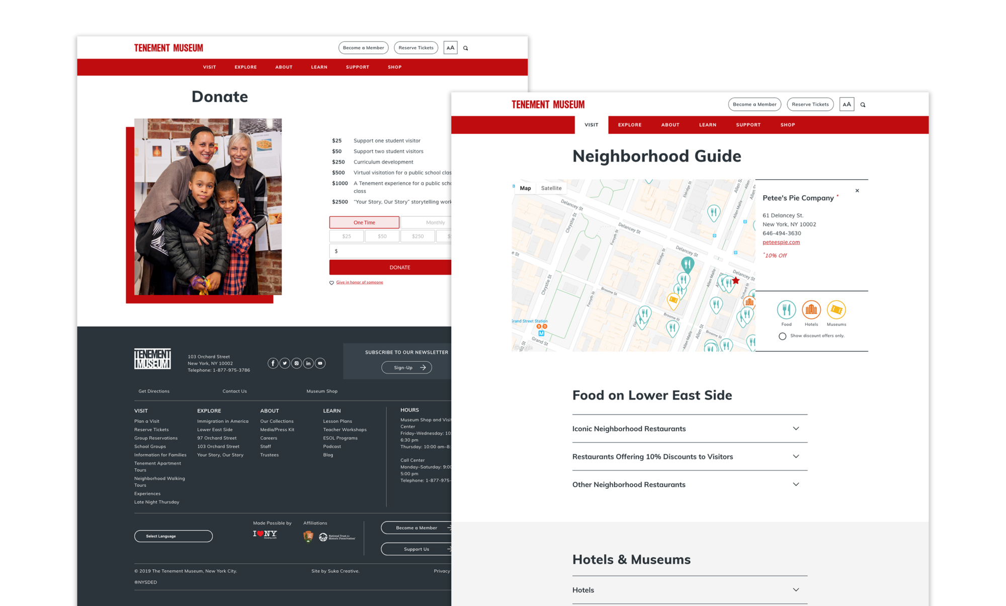 The Tenement Museum's new donation page as well as the interactive Neighborhood Guide showing restaurants, cafes, hotels, and other museums located in the Lower East Side.