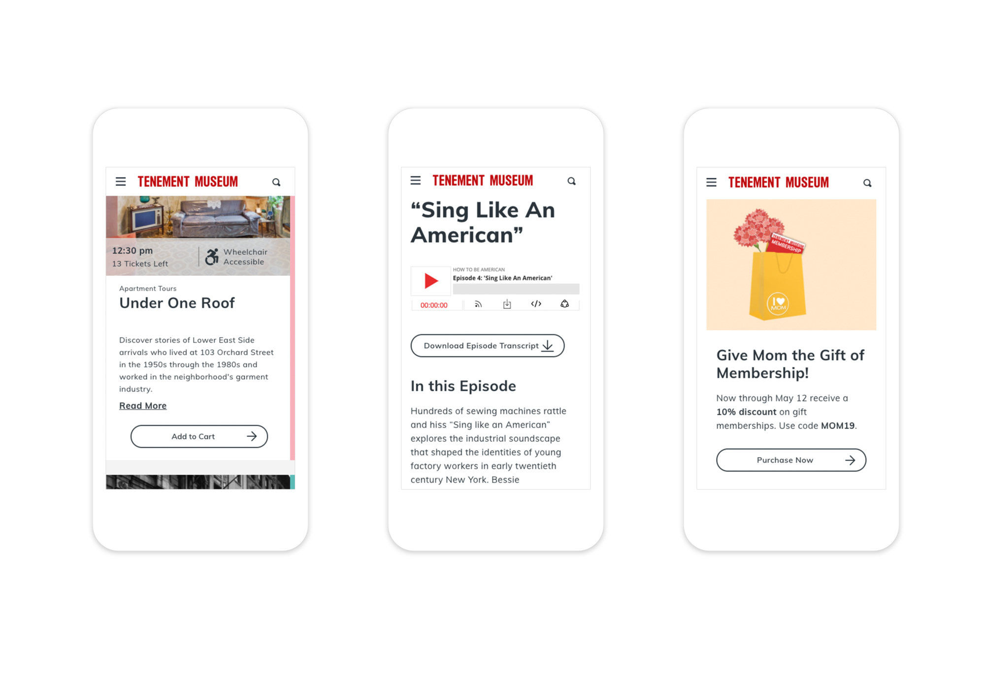 3 responsive mobile webpages showing tour search results, a podcast episode, and a membership promotion.