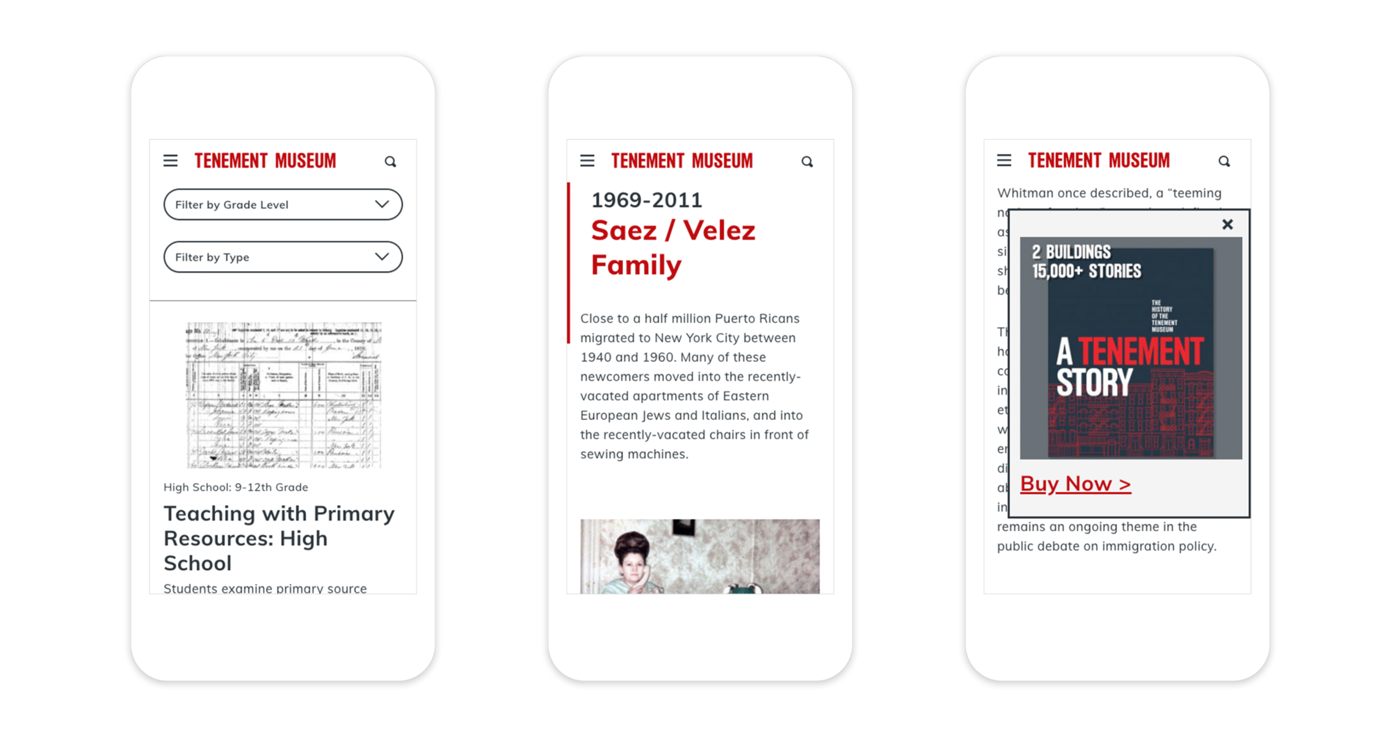 3 responsive mobile webpages showing the educational resource filter system, the interactive timeline showcasing the history of 97 Orchard Street, and a retail promotion pop-up.