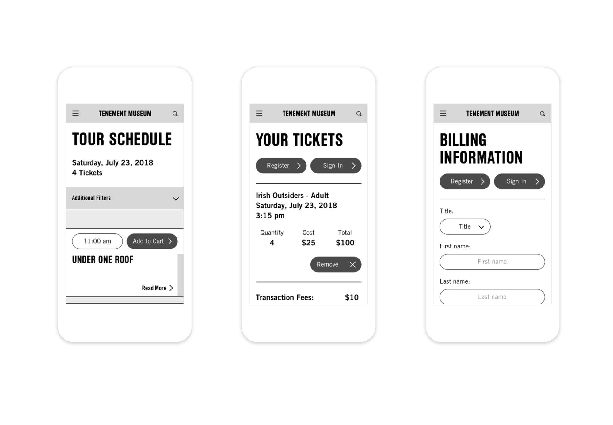 Mobile wireframes showing a portion of the Tenement Museum's mobile-friendly ticketing system.