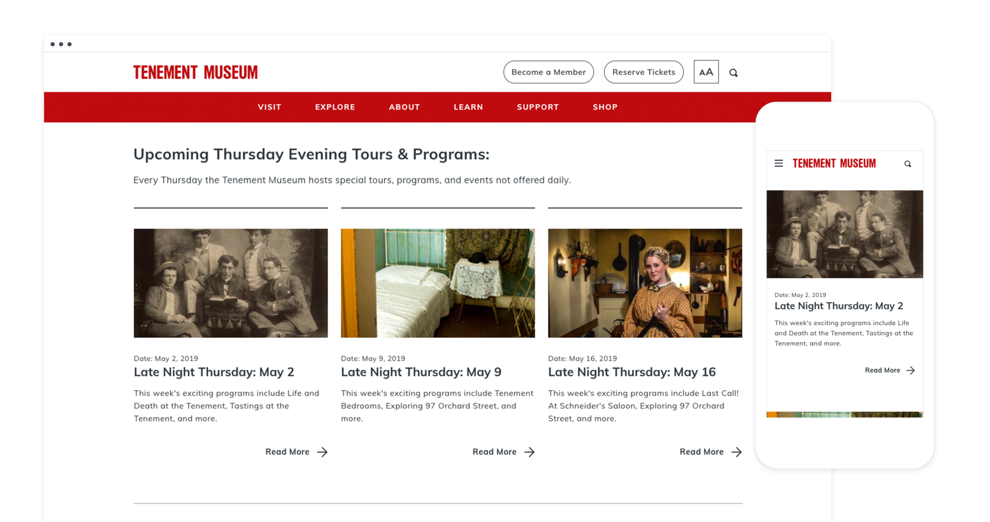 Desktop and mobile design for the Tenement Museum's new Late Night Thursday tours.